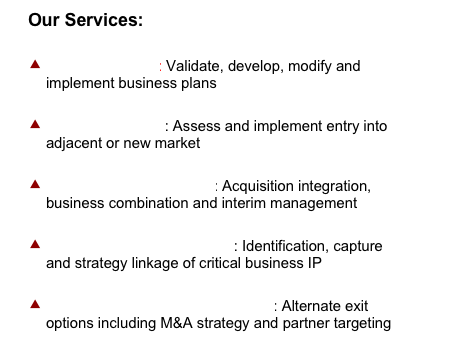 Our Services: 
	Business Ignition: Validate, develop, modify and implement business plans 
	Market Expansion: Assess and implement entry into adjacent or new market 
	Transition and Integration: Acquisition integration, business combination and interim management  
	Intellectual Property Capture: Identification, capture and strategy linkage of critical business IP 
	Exit Strategy and Value Recapture: Alternate exit options including M&A strategy and partner targeting 
